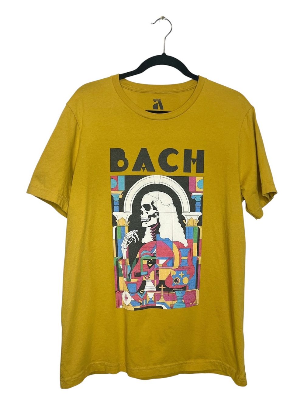J.S. Bach Skeleton Art Deco skull golden yellow 100% cotton tee size Large